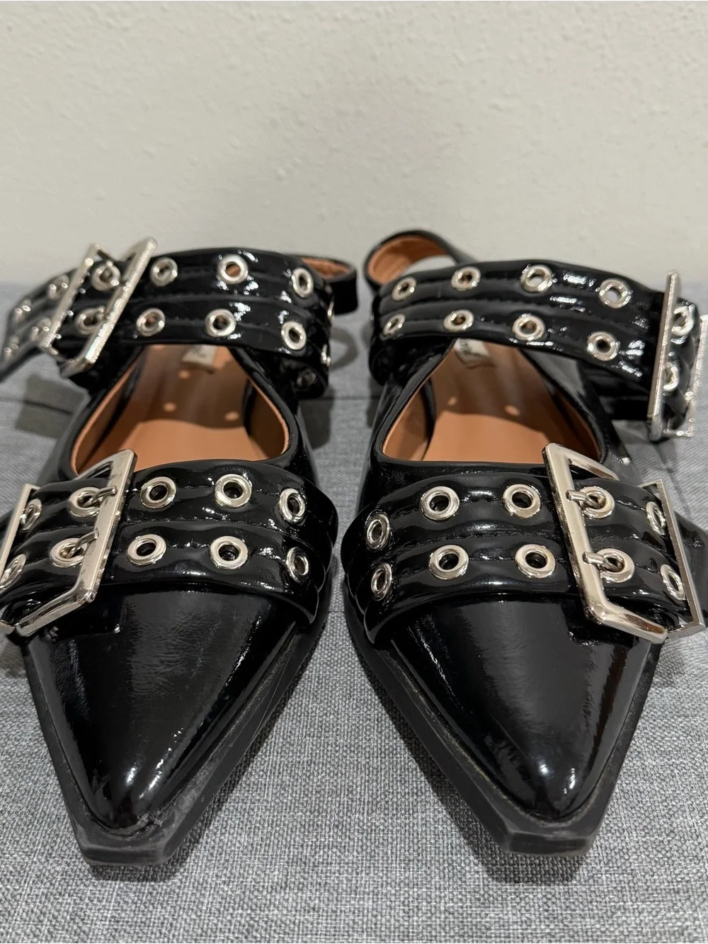 Black Slingback Buckle Grommet Flats